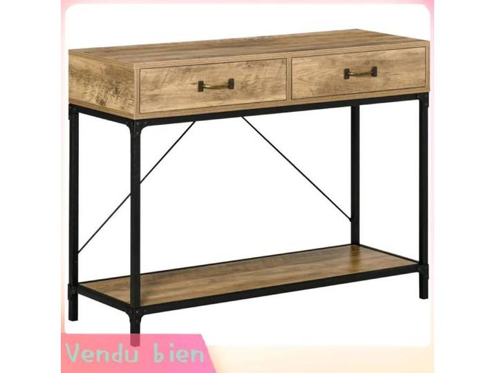 LIA Table console entrée industrielle 2 tiroirs 1 plateau aspect bois 100x35x76cm