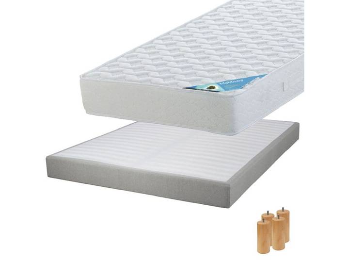 Maldives - Pack Matelas 140x190 + Sommier Tapissier Démontable 2x20 Lattes Lin + Pieds Bois 15cm