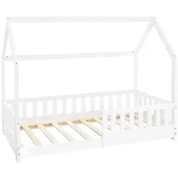 ML-Design Kinderbett 80x160 cm Weiß mit Rausfallschutz, Dach & Lattenrost, Hausbett aus massivem Kiefernholz, Kinderhaus Bodenbett Spielbett