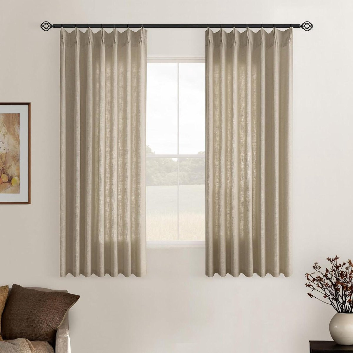 Linnen Keukengordijnen Grijs Beige - Korte Semi-transparante Gordijnen met Knijpplooi - Lengte: 111 cm