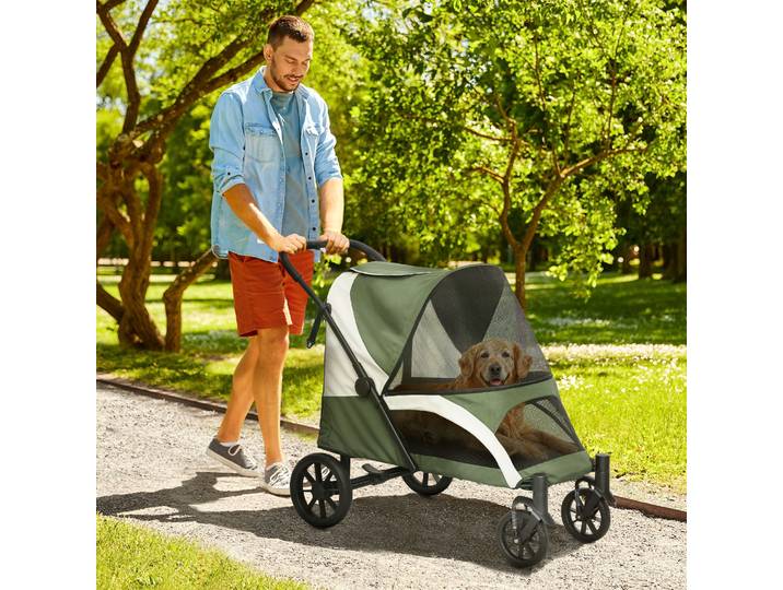 PawHut Chariot Pliable Grands Chiens 4 Roues Vert Foncé