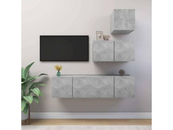 HEFZGDB 4-TLG. TV-Schrank-Set Betongrau Holzwerkstoff Wandmontage Moderner Stauraum Dieses Moderne TV-Schrank-Set aus robustem Holzwerkstoff in Betongrau bietet großzügigen Stauraum