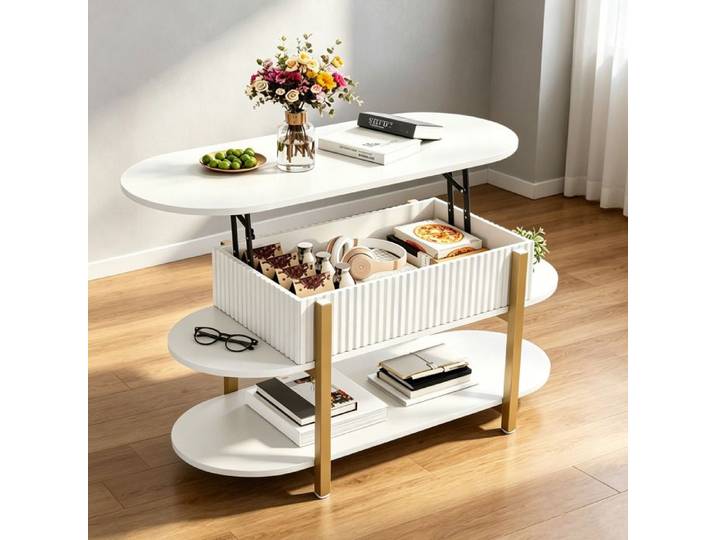 Table Basse Blanc avec Plateau Relevable Grand Rangement Table Basse Bois Design Moderne Idéale Salon/Chambre/Jardin 106x45x50cm