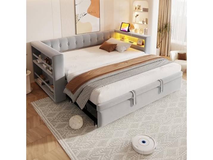 Merax Polsterbett 90/180×190 cm, mit LED-Beleuchtung, Steckdosen, viel Stauraum, multifunktionales Schlafsofa, modernes Sofa & Gästebett, platzsparend, Grau (ohne Matratze)