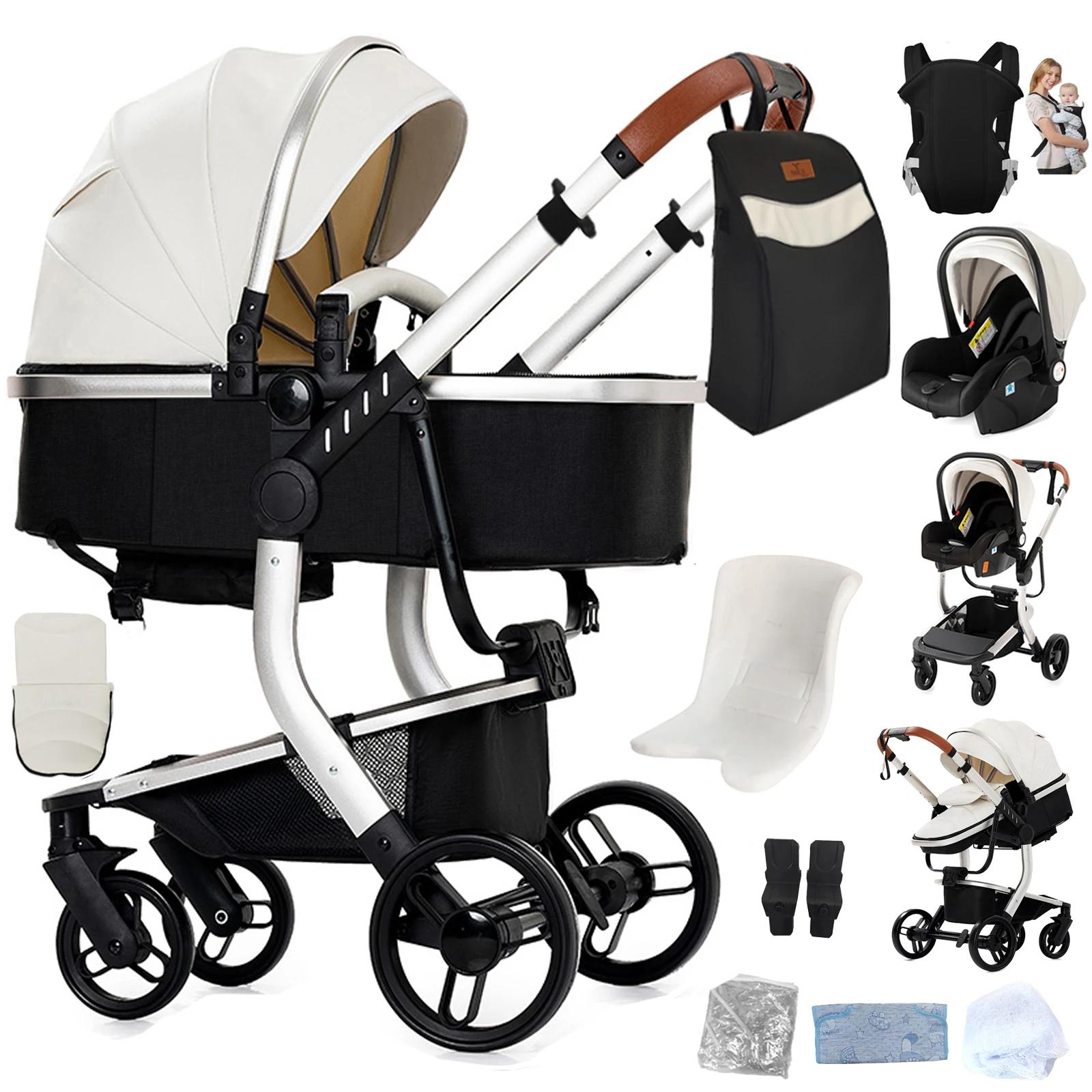 3-in-1 Kinderwagen - Reisesystem mit Babyschale - Wendeaufsatz - Zusammenklappbar - Einhand-Faltung - Stoßdämpfende All-Terrain-Räder - Wasserdichtes Kunstleder - Weiß