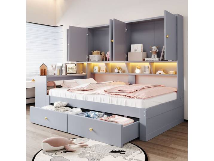 Lit combiné - ZEVKOR - 90x200 - Bureau intégré - Rangements multiples - LED intégrée