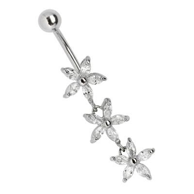 Bauchnabelpiercing ADELIA´S "Piercing Bauchnabelpiercing", transparent (klar), Piercings, Damen, onesize, Chirurgiestahl, Drillingkette mit Blumenmotiv