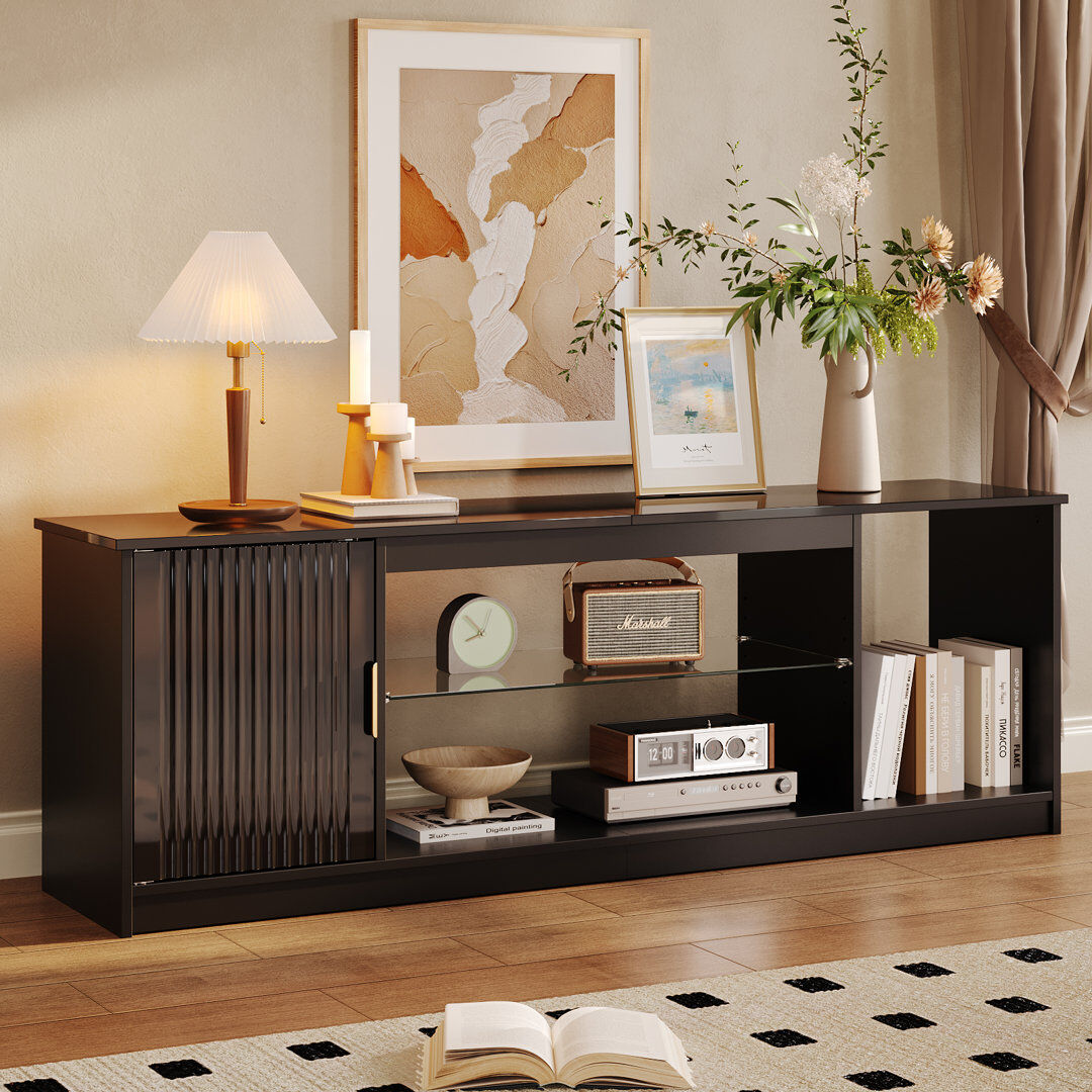 Metro 57" Modern Media Console with Adjustable shelf, LED Fluted TV Stand for 65 Inch TV, Glossy TV Console with Cabinet Black 65"
