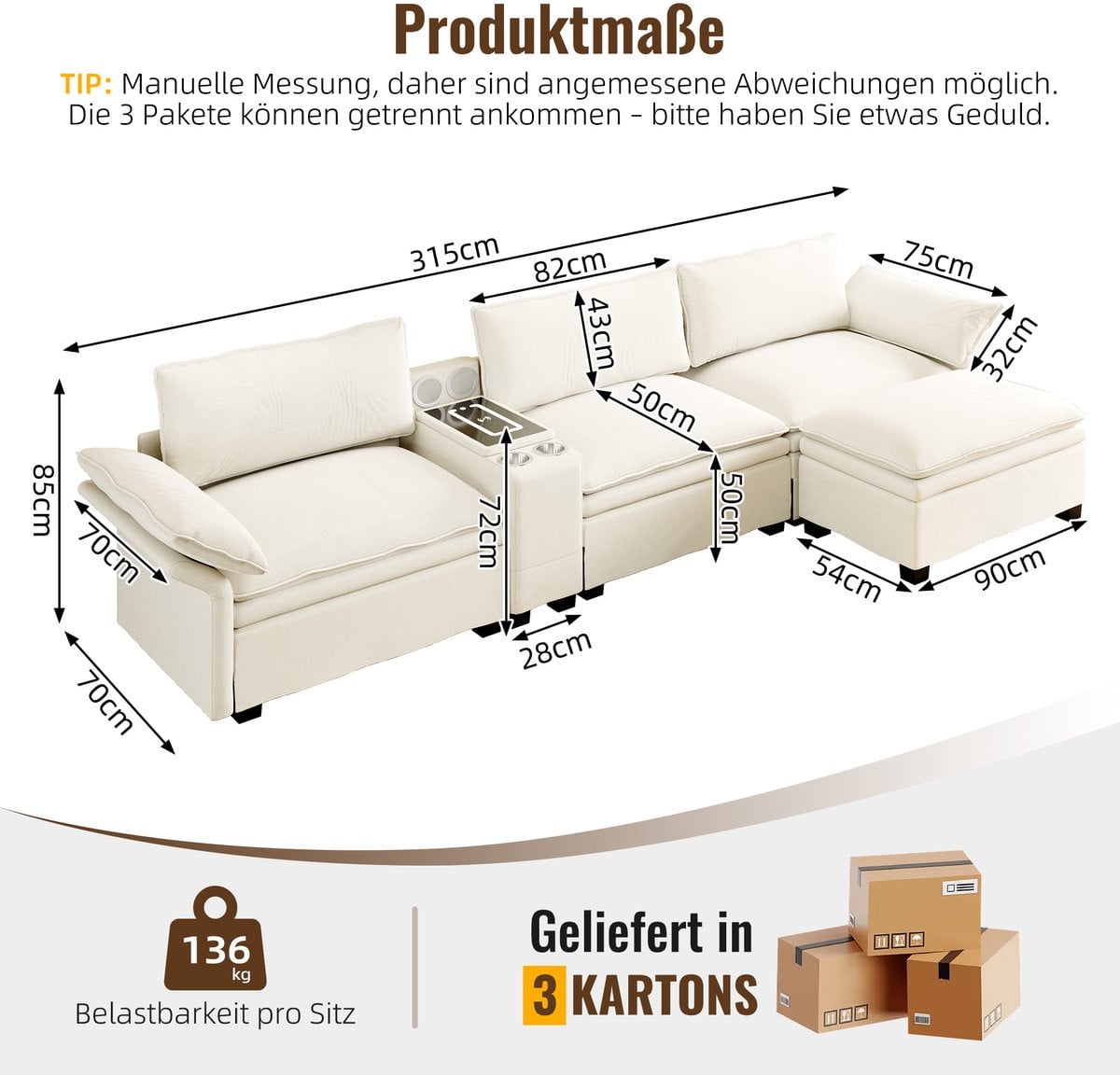 MIVRAY Hoekbank 315 cm - Modulair met Opbergruimte, Draadloos Laden en Verlichting - Chenille Beige