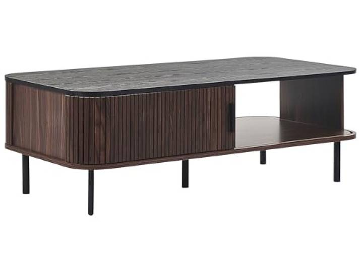 Beliani Couchtisch dunkler Holzfarbton Metallgestell schwarz mit 2 Schiebetüren Jose