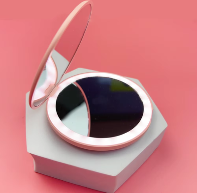 Fusion Finds Portable LED Makeup Mirror With Magnification Light Compact Travel Makeup Mirror pink