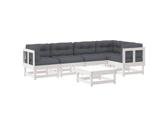 Pin massif lattes coussins moelleux jardin patio terrasse blanc 6 pieces Salon de jardin 6 places bois massif blanc avec coussins anthracite, canapé modulaire d'extérieur pour terrasse patio,