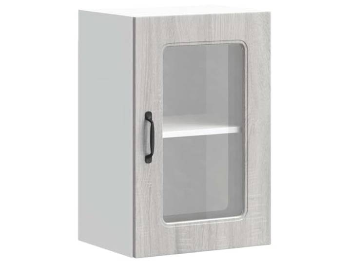 Kalmar Wandschrank für die Küche, Glastür, Holz, Grau Sonoma Glastür, Holz, Wandbefestigung im Lieferumfang enthalten, vielseitig einsetzbar, feuchtes Tuch