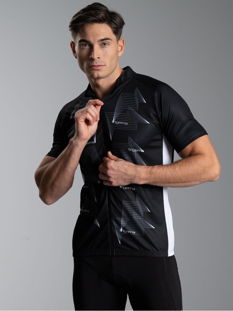 Radtrikot TRIGEMA "TRIGEMA Fahrradjacke mit abstraktem Design", Herren, Gr. M, schwarz, Trikot, 100% Polyester (recycelt), ohne Ausschnitt, Trikots Radtrikot