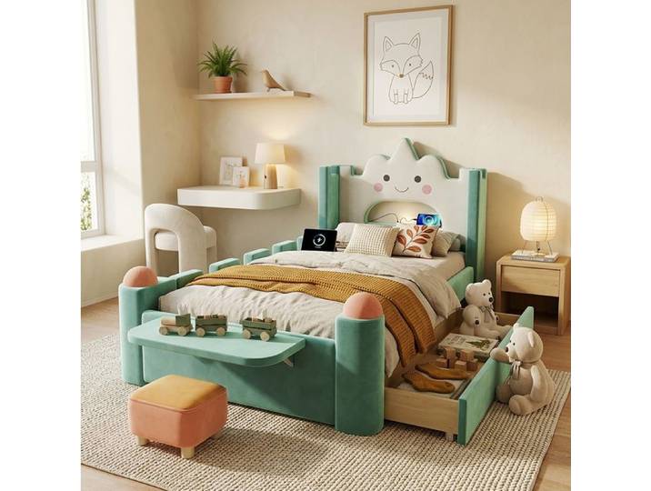 WUVRIE Lit enfant rembourré 90x200 cm tête de lit nuage LED USB rangement velours bleu-vert