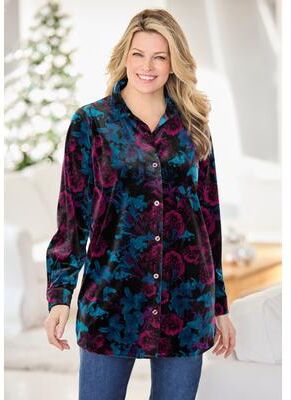 Plus Size Women's Velour Shirt by Woman Within in Black Teal Lilies (Size 1X)