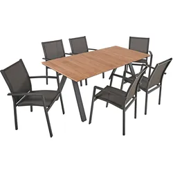 Garden Pleasure Gartenmöbel Set DAVINA / ELENA 06, Tisch 180 x 90 +  6 Stapelsessel, Aluminium / Teak / Kunststoffgewebe