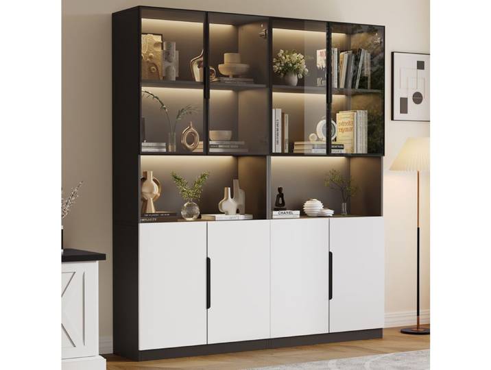 WOVREO Vitrine 160x30x200 cm avec portes vitrées LED réglable par application blanc et noir