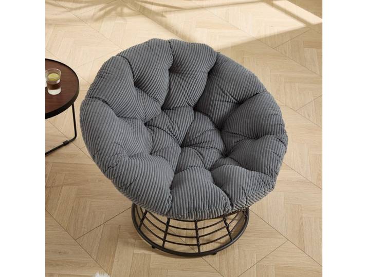 Fauteuil Papasan Rotatif 360° en Osier Ergonomique avec Coussin Épais Gris en Côtelé Marron