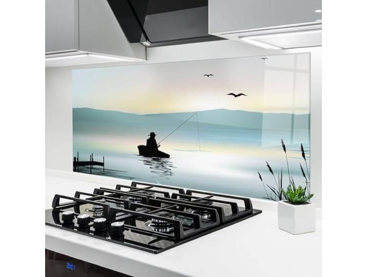 ARTHUB® Küchenrückwand aus Glas 60x120 cm, 4mm ESG Spritzschutz, Glasplatte, Herdspritzschutz, Wandschutz für Herd, Hartglas, Landschaften, Seen, Fishman Lake View