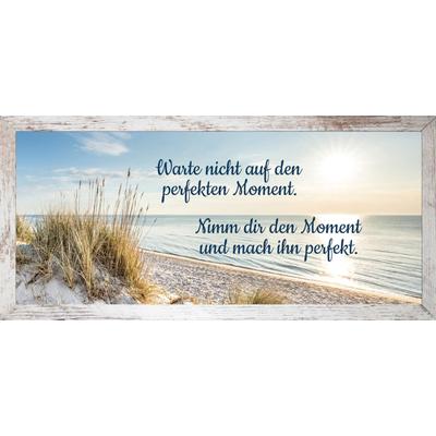 Bild mit Rahmen BÖNNINGHOFF "Wandbild gerahmt STRAND MIT SPRUCH MOMENT 23x49 cm – Natur Wanddeko", blau (farbe rahmen: vintage, farbe bild(er): blau, grün, gelb), B:23cm H:49cm T:2,1cm, MDF, Papier, Bilder, mit dekorativem Rahmen