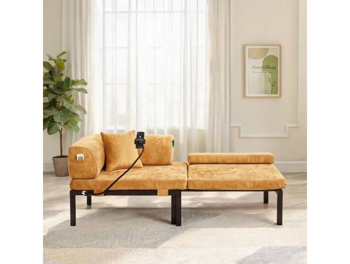 Canapé-lit convertible velours warm yellow en bois massif lit simple escamotable espace réduit