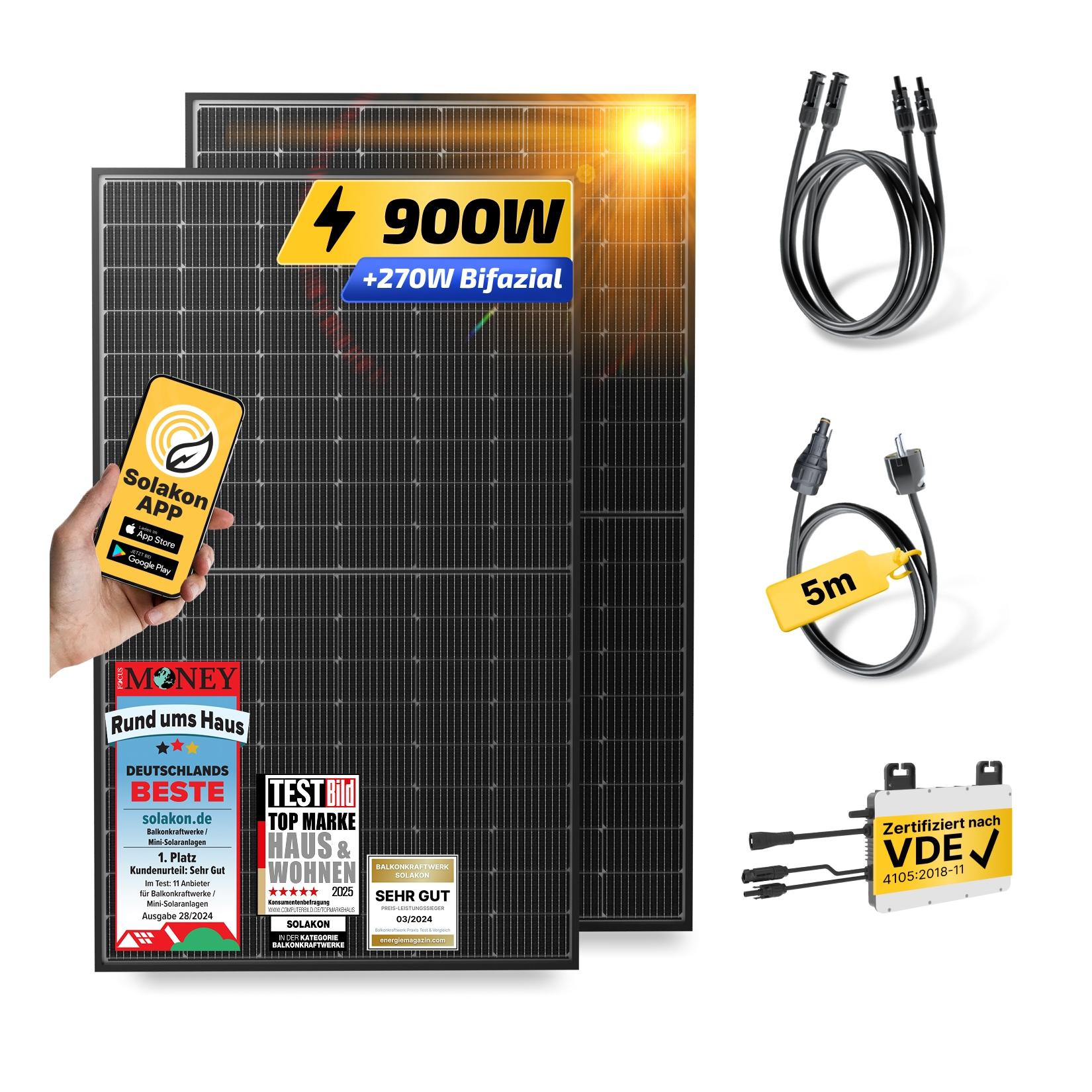 Balkonkraftwerk 900W/800W Solaranlage Steckerfertig WIFI Komplettset Photovoltaik Anlage 800W, Kabellänge: 5m