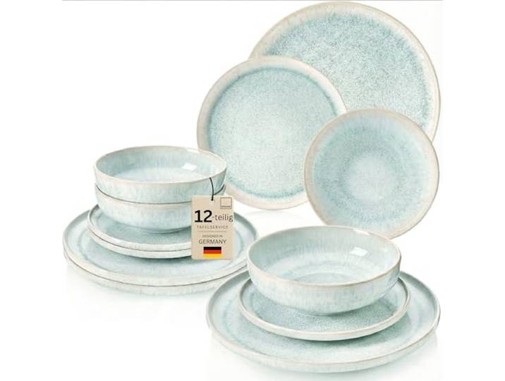 SÄNGER Geschirrset Paros 12 tlg, Tafelservice 4 Personen, Steingut Geschirr Handmade, Teller Set inkl. Essteller Dessertteller Tiefe Teller, Essgeschirr Türkis Farben mit Sandiger Maserung