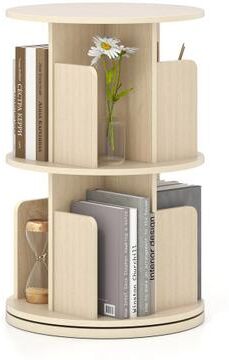 Costway 2-Tier Rotating Bookshelf with Dividers and Anti-falling Baffles-Natural