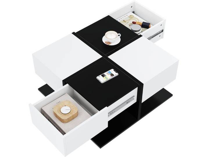 Table Basse Moderne Noire et Blanche avec 2 tiroirs Table de Salon carrée avec Rangement Table Basse laquée Brillante
