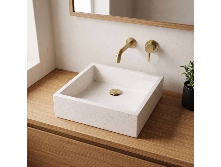 Vasque de salle de bain carrée en terrazzo blanc 40 x 40 cm - Maile