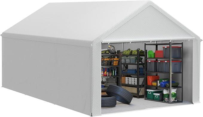 Lagerzelt 4×6 m, Zeltgarage Gerätehaus Garagenzelt mit Dachverstärkung & Bodenrahmen, abnehmbare Seitenwände, Autozelt Unterstand Lagerzelte für Garten, Werkzeuge, Auto, Baustelle (Weiß)