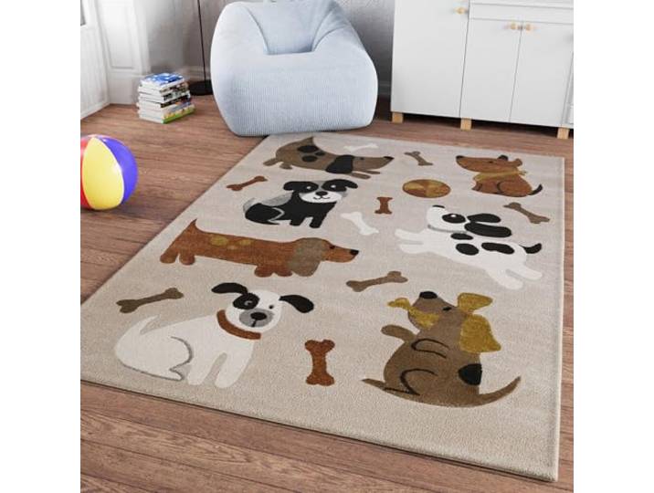 Smart Kids Rocky & Friends Kinderteppich, 160 x 230 cm, Sand beige meliert Gewebter Kinderteppich, Spannende Abenteuer mit fröhlichen Hunde Motiven