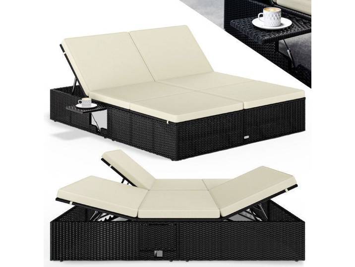 CASARIA Chaise longue XL noir crème extrémités réglables bain de soleil 2 places polyrotin chaise d'extérieur transat