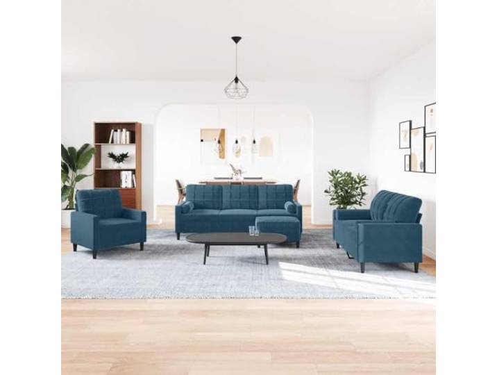 KTHLBRH 4-teiliges Sofaset aus blauem Samt mit Kissen Metallrahmen, Schaumstoffpolsterung, Fußstütze inklusive, 1 Sofa, 1 2-Sitzer-Sofa, 1 3-Sitzer-Sofa