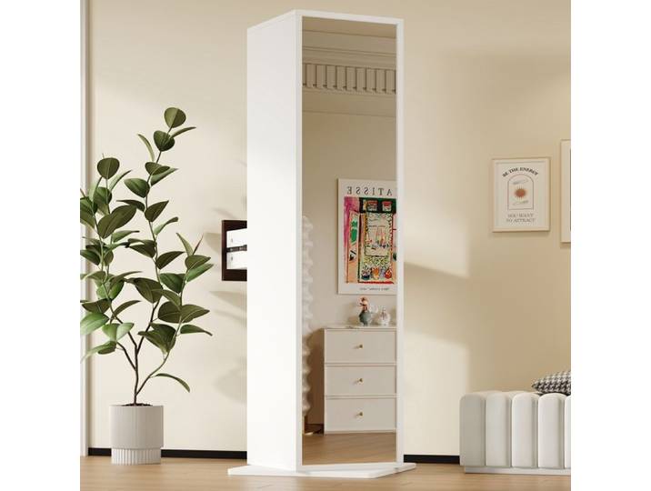 Vitrine Rotative avec Miroir Pleine Longueur Compartiments de Rangement Ouverts Tiroir Armoire de Rangement à Miroir Moderne Blanc