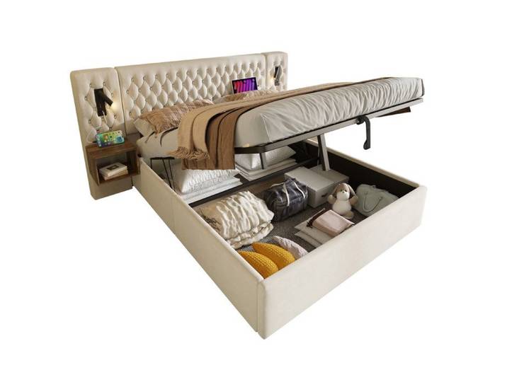Polsterbett Doppelbett 160×200 cm mit Hydraulischem Stauraum 2 Nachttischen und USB-Leselicht Beige