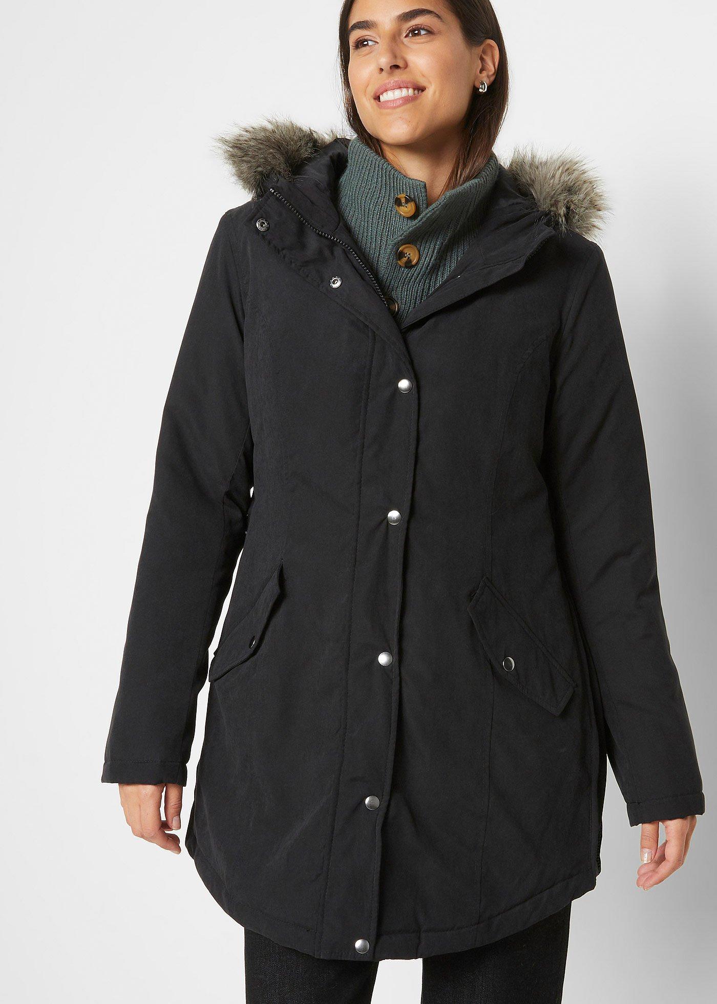 bonprix Parka mit seitlichen Reißverschlüssen zur Weitenregulierung, schwarz, Gr.54, Leichter Winter-Parka mit Kapuze und kuscheligem Fellimitat