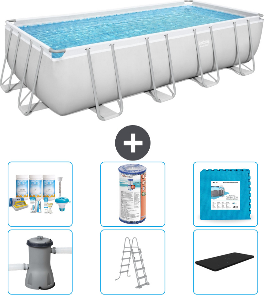 Bestway Rechteckiges Power Steel-Schwimmbecken - 488 x 244 x 122 - Grau, inklusive Pumpe - Leiter - Abdeckung Wartungspaket - Filter - Bodenfliesen