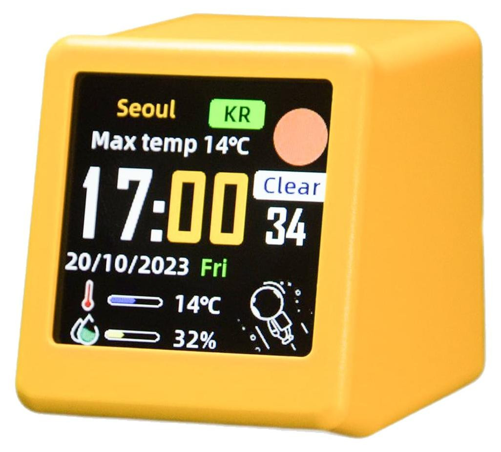 Dripio WiFi-weerstation met GIF-display en mini-digitale klok, geel