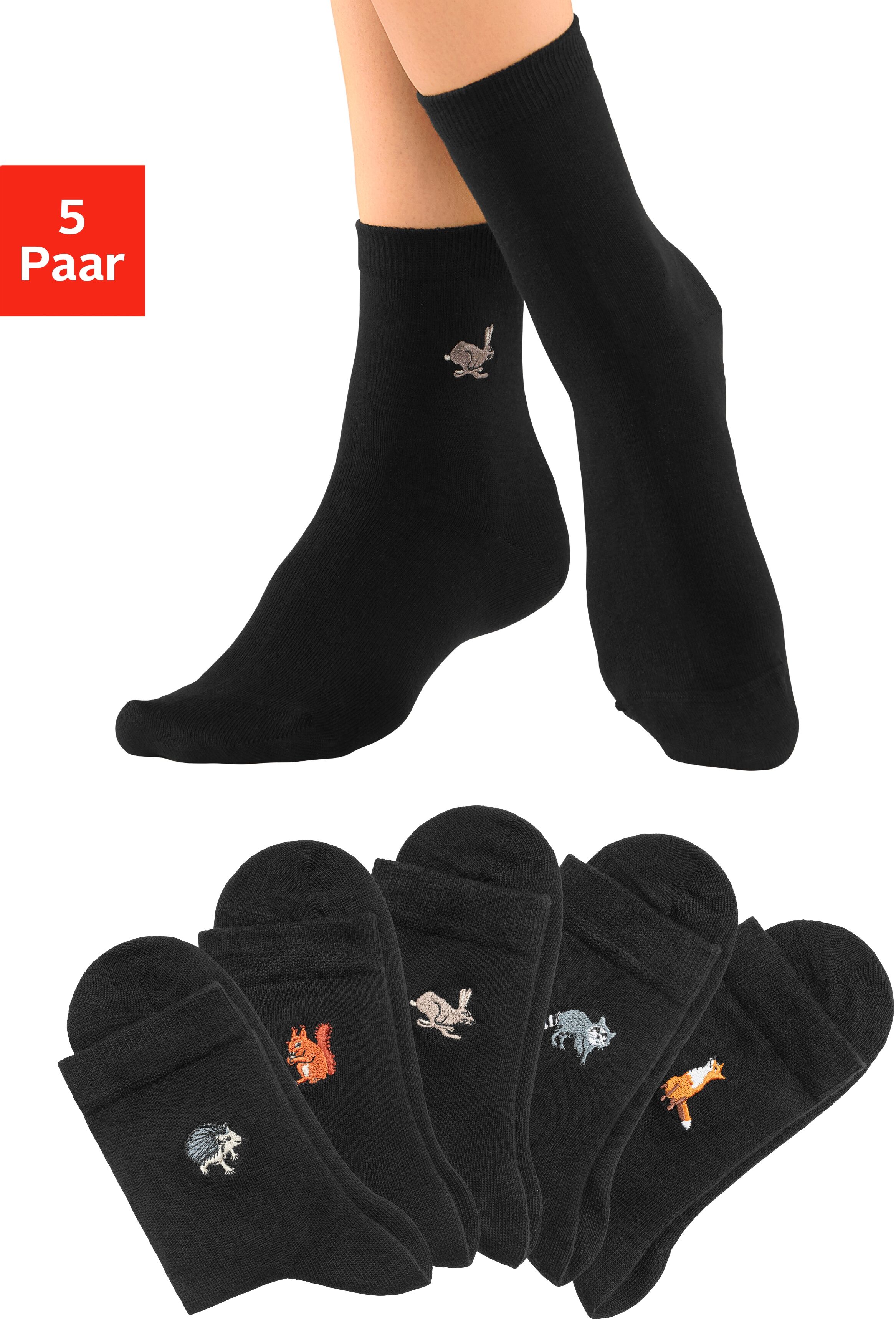 Socken H.I.S "Lustige Damensocken, Kindersocken mit Stickerei Motiven", Damen, Gr. 39-42, schwarz, Baumwolle, Elasthan, Polyamid, uni und gemustert, normal, Socken Socken, mit hochwertiger Stickerei, Baumwollsocken schwarz 39-42