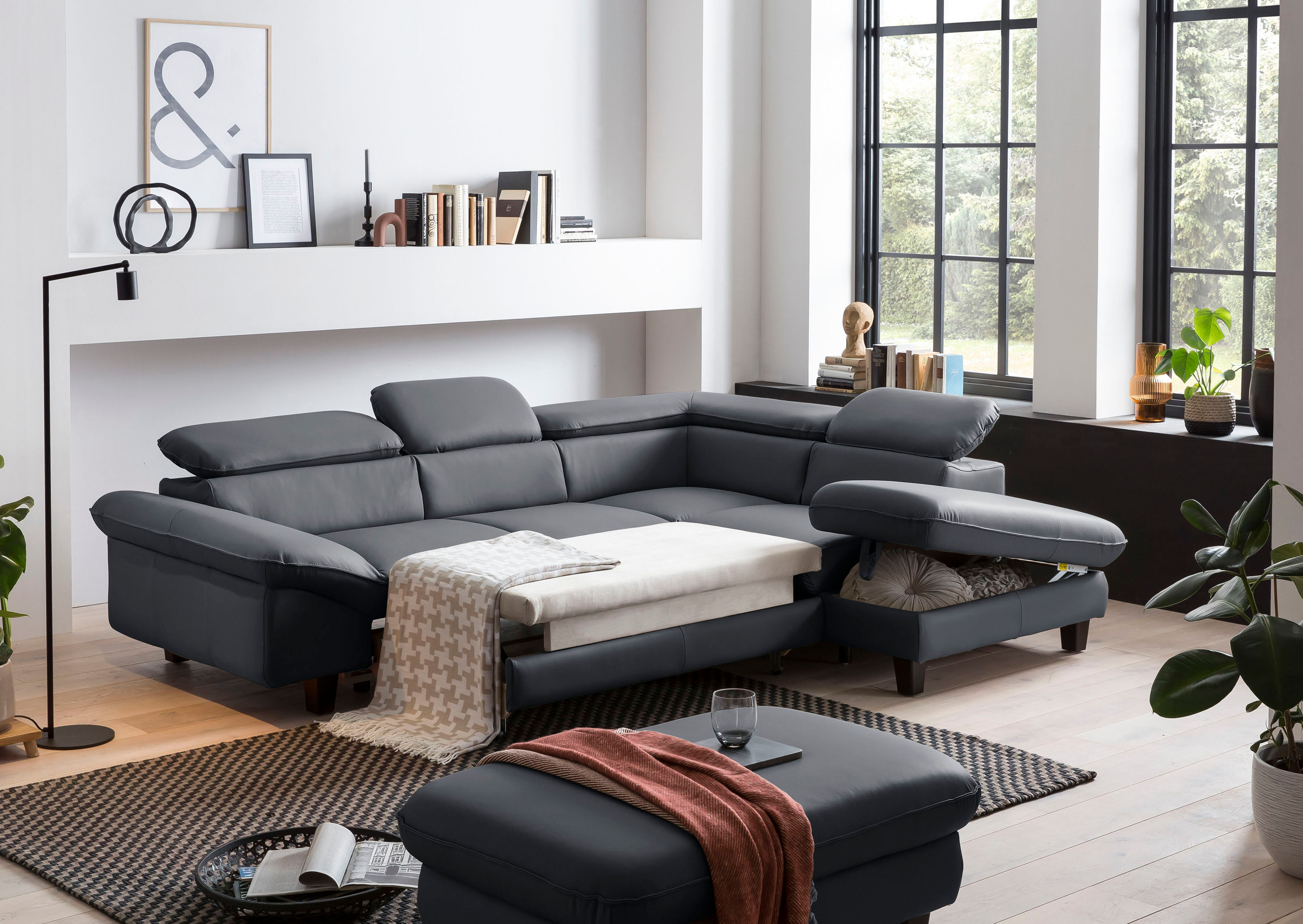 Hocker HOME AFFAIRE "Pilot", grau (fango), B:101cm H:46cm T:65cm, 100% Polyester, Feinstruktur: 75000 Scheuertouren, Struktur 35000 Scheuertouren, Microfaser 40000 Scheuertouren, Hocker, Hocker fango B/H/T: 101cm x 46cm x 65cm, Leder PAMPAS