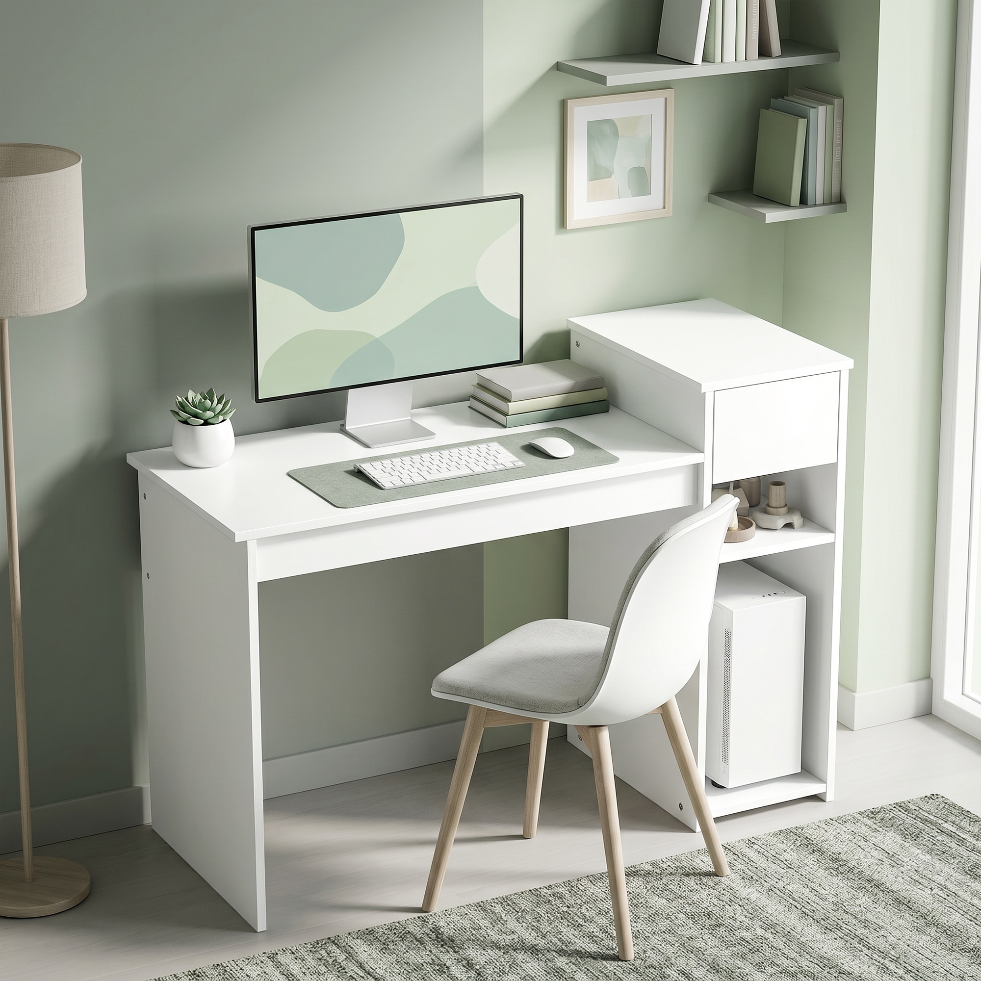 Homcom Scrivania per Studio e Scrittura con Cassetto e Scaffali, 108x50x82 cm, Bianco   Aosom Italy