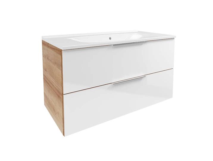 FACKELMANN B.BRILLANT Waschbecken mit Unterschrank 100 cm breit, Weiß Glas/Braun hell, Waschbecken Gussmarmor Weiß