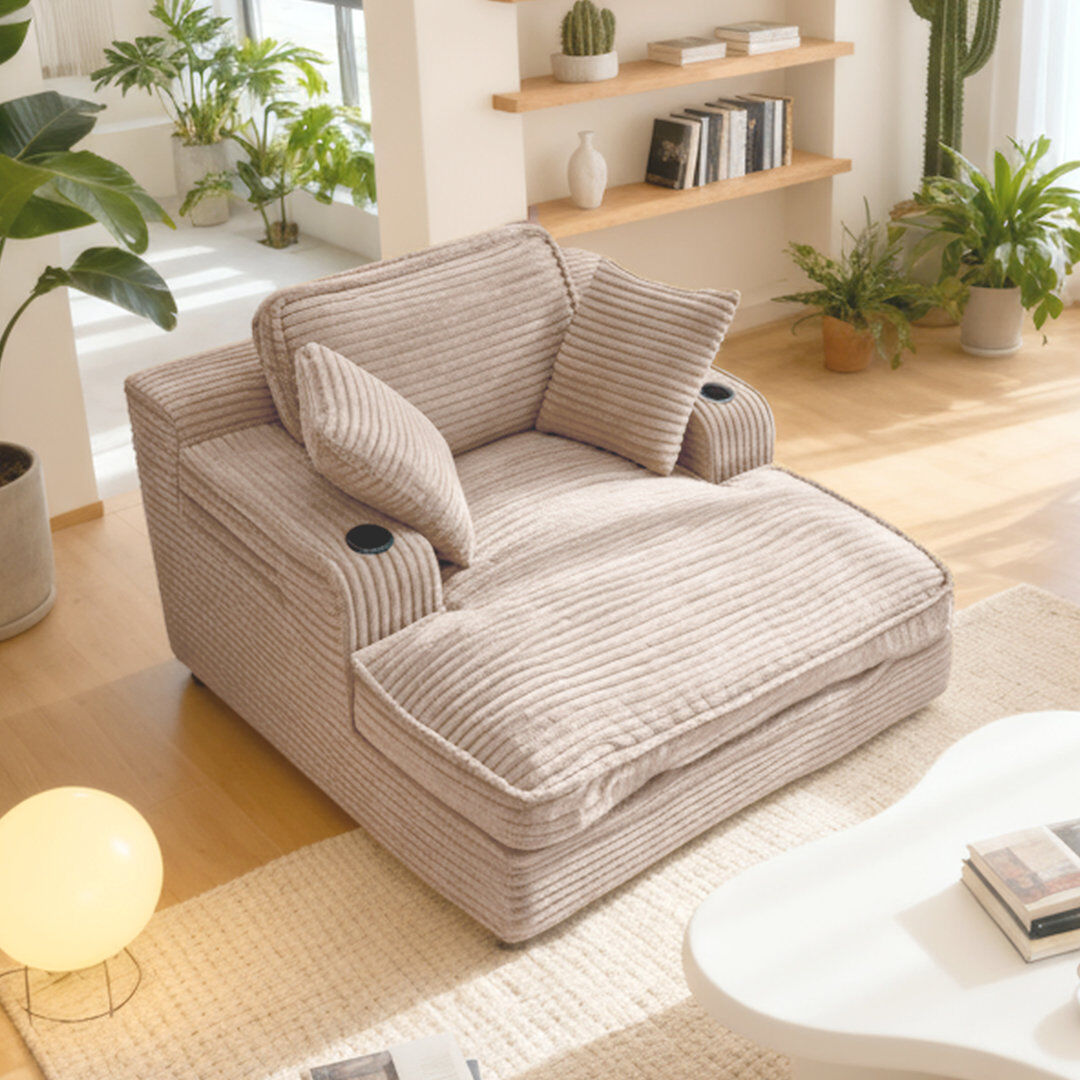 17 Stories Oversized Cloud Chaise Lounge With Cup Holders & Side Pocket, No Assembly Required, Corduroy Camel 66cm H X 133cm W X 170cm D