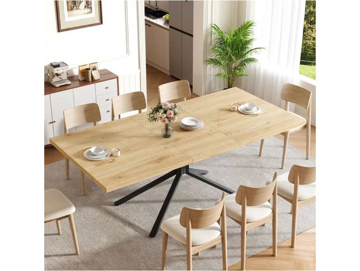 VUENOR Table à manger extensible 120-160 x 90 cm chêne clair – 4 à 6 personnes piètement métal noir