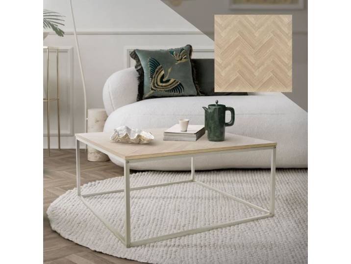 ML-Design Table Basse 80x80x40cm en Acier Aspect Chêne à Chevrons Marron Structure Métallique Dorée Design Industriel Table Basse