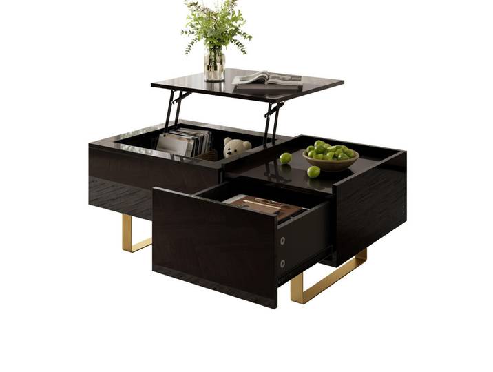 Flieks Couchtisch Höhenverstellbar MDF Hochglanz Schublade, Schwarz, 100x54.5x50 cm, Wohnzimmer, Wohnzimmertische, Couchtische