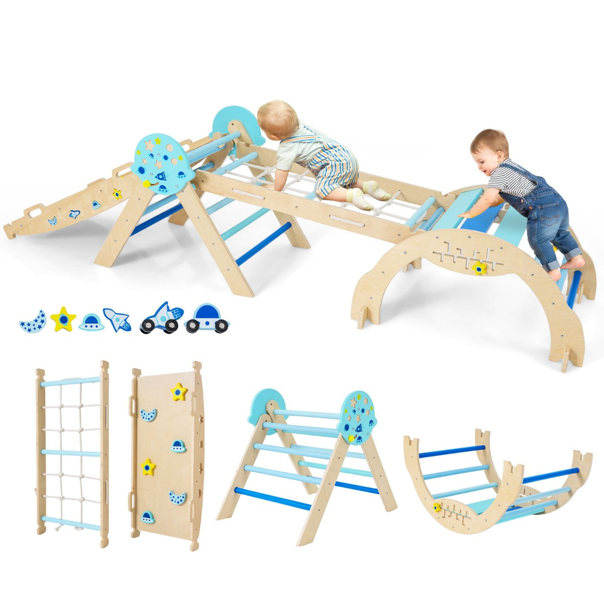 Costway 9-in-1 Montessori Klimrek Set Driehoekig Houten Klimrek Voor Binnen Blauw