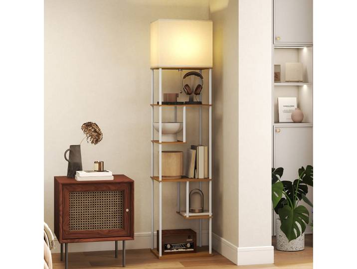Lampadaire avec étagères dimmable télécommande mdf métal bois naturel
